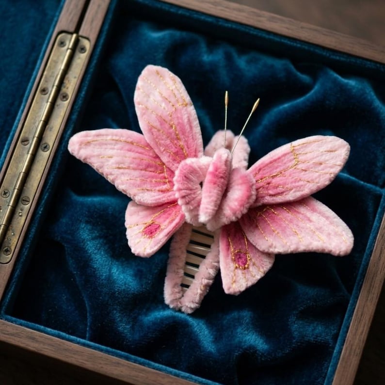 May include: A pink butterfly hair clip featuring soft, textured fabric wings with gold embroidered vein details and two thin antennae. The butterfly is attached to a white plastic hair comb base, showcasing a detailed design with small dark pink accents on the lower wings.