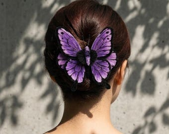 Velvet Purple Butterfly Hair Claw Clip, Hand-Sculpted Fiber Art, Poseable Wings