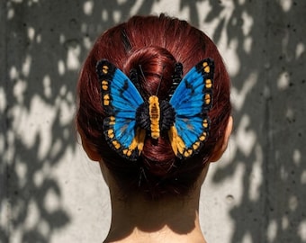 Azure Sunflare Chenille Butterfly Hair Claw Clip, Poseable Wings Accessory