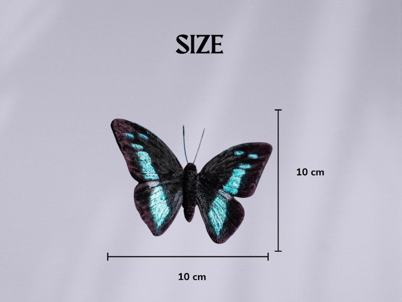 May include: A black and teal butterfly with a 10 cm wingspan is displayed against a light gray background. The word "SIZE" is printed above the butterfly. The butterfly's wings have teal accents.