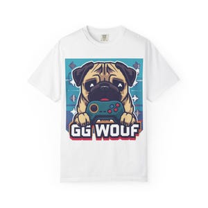 Pug Gamer T-Shirt | Pug Holding Game Controller, Heavyweight Cotton Tee