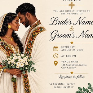 Könnte beinhalten: Eine Hochzeitseinladung mit einem Paar in traditioneller weißer Kleidung mit bunten geometrischen Mustern. Der Text enthält TOGETHER FOREVER, Bride's Name & Groom's Name, Saturday August 24, 2025, at 4:00 PM, Venue Name und A beautiful journey begins together.