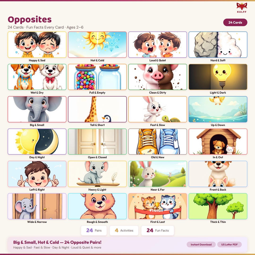 Printable Opposites Flash Cards | 24 Pairs | Antonyms Match Game | Fun ...
