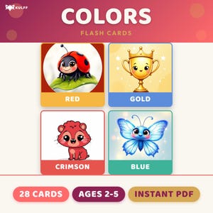 Puede incluir: Tarjetas didácticas con la palabra "COLORS" en la parte superior. Las tarjetas presentan ilustraciones de una mariquita, un trofeo, un oso y una mariposa, cada uno representando un color diferente: rojo, oro, carmesí y azul. También se ve el texto "28 CARDS", "AGES 2-5" e "INSTANT PDF".