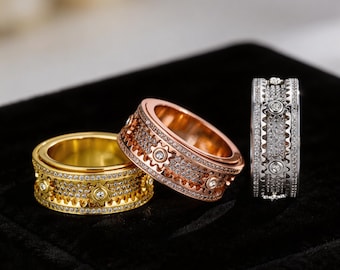 Anillo giratorio de plata de ley con engranajes, anillo Noche estrellada, anillo giratorio de diamantes Cielo estrellado, artículo de lujo y a la moda, diseño giratorio