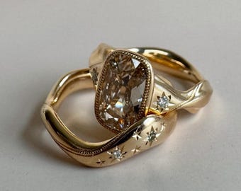Vintage champagne moissaniet ring, 14K gouden kussengeslepen ring, 10K Celestial Star Band, unieke statement verlovingsring cadeau voor haar