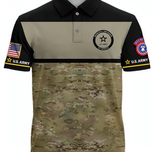 May include: A black, tan, and camouflage polo shirt with the U.S. Army logo and American flag patch on the sleeves. The shirt features the text "WASHINGTON D.C. ARMY RECRUITER" and "SFC WEBSTER".