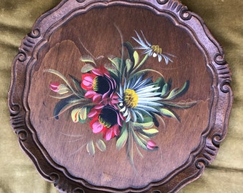 Vintage Folk Painted Floral Wood Tray