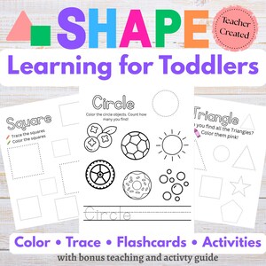 Könnte beinhalten: Ein Lernaktivitätspaket für Kleinkinder mit dem Titel "SHAPE Learning for Toddlers". Das Set enthält Arbeitsblätter zum Ausmalen, Nachzeichnen und Erkennen von Formen wie Quadraten, Kreisen und Dreiecken. Enthält auch einen Bonus-Leitfaden für Lehre und Aktivitäten.