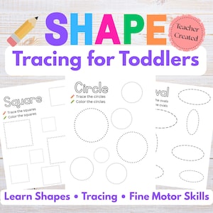 May include: A printable worksheet for toddlers features shape tracing activities. The title "SHAPE Tracing for Toddlers" is displayed in colorful letters. The worksheet includes squares, circles, and ovals for tracing and coloring, promoting fine motor skills.