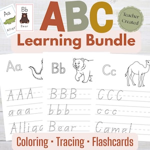 Puede incluir: Un paquete de aprendizaje del ABC con tarjetas didácticas, actividades para colorear y trazar. Incluye tarjetas de letras con ilustraciones de un caimán y un oso. El paquete presenta letras mayúsculas y minúsculas, y ejercicios de trazado.