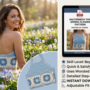 Peut inclure: Une femme porte un haut dos nu bleu clair avec un motif floral. L'image montre également une tablette numérique affichant un patron PDF pour le haut, de la laine et un livre. Le texte sur la tablette indique "Halterneck Top: Spring Flower Pattern".