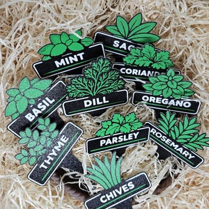 May include: A selection of black and green herb garden markers, including "Mint," "Basil," and "Rosemary." Each marker displays an illustration of the herb and is set against a backdrop of wood shavings.