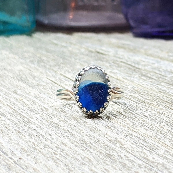 Genuine Beach Sea Glass Sterling Silver Bezel Ring - Cobalt and Clear English Multi Sea Glass - Size 9