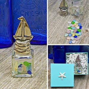 Genuine Beach Sea Glass - Pewter Sailboat Shaker filled with 33 Flawless Perfect Little Sea Glass from Fort Bragg, CA
