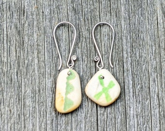 Rare Unique Green Lime White Patterned Pottery Shard Earrings Genuine Beach Sea Glass Sterling Silver Earrings