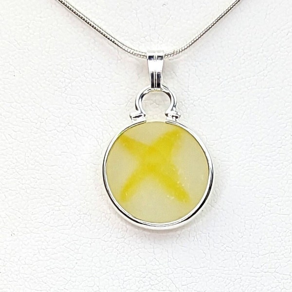 Genuine Beach Sea Glass Silver Pendant / Necklace | Ultra Rare Japanese Ohajiki Game Piece | Organic Yellow Design | One of a Kind