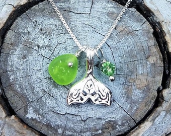 Genuine Beach Sea Glass Silver Mermaid / Whale Tail Necklace with Vibrant Lime Sea Glass