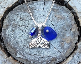 Genuine Beach Sea Glass Silver Mermaid / Whale Tail Necklace with Cobalt Sea Glass