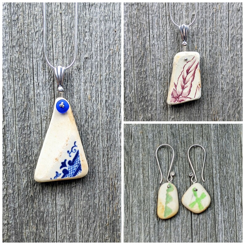 Rare Unique Green Lime White Patterned Pottery Shard Earrings Genuine Beach Sea Glass Sterling Silver Earrings