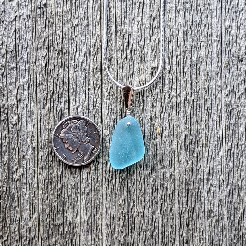 Genuine Beach Sea Glass Sterling Silver RARE Bottleneck LipRim Pendant Necklace Rare Brilliant Aqua Sea Glass