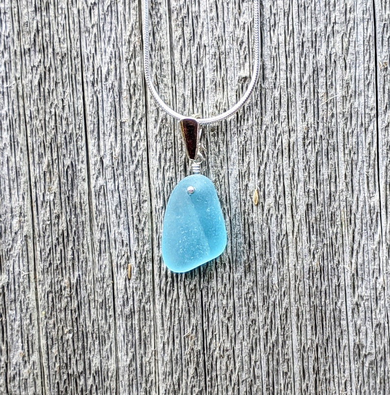 Genuine Beach Sea Glass Sterling Silver RARE Bottleneck LipRim Pendant Necklace Rare Brilliant Aqua Sea Glass