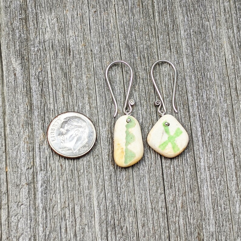 Rare Unique Green Lime White Patterned Pottery Shard Earrings Genuine Beach Sea Glass Sterling Silver Earrings