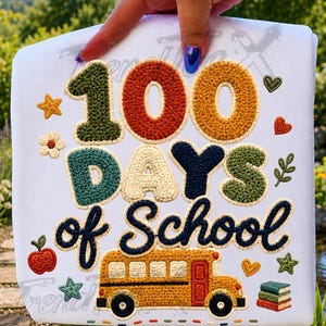 100 Days Of School PNG、かぎ針編みスクールバスシャツデザイン、レトロな教師昇華プリント、100th Day School デジタルダウンロード