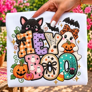 Hey Boo Halloween PNG, Cute Patchwork Ghost and Black Cat Design, Embroidered Sublimation Digital Download