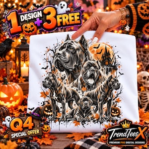 May include: A white t-shirt featuring a graphic illustration of four Cane Corso dogs in a Halloween setting with pumpkins, a haunted house, and bats. The design includes orange and black ink details, showcasing the dogs in various poses.