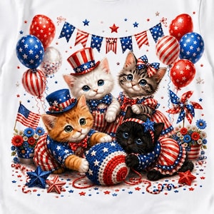 Cute Patriotic Cats PNG, 4th Of July Kittens Sublimation Design, Red White Blue USA Cat Shirt Download