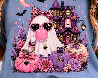 Fantasma soplando chicle PNG, Fantasma coqueto de Halloween PNG, Diseño de sublimación de casa embrujada para chicas, Camiseta rosa de calabaza de otoño PNG