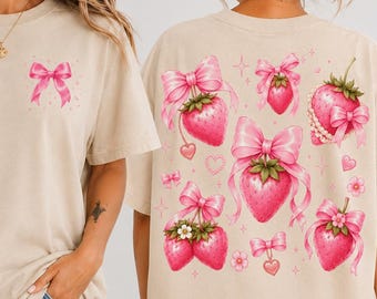 Strawberry Coquette Bow png, roze aardbei shirtontwerp, coquette zomer png, schattige sublimatie cottagecore fruit, girly T-shirt met strik