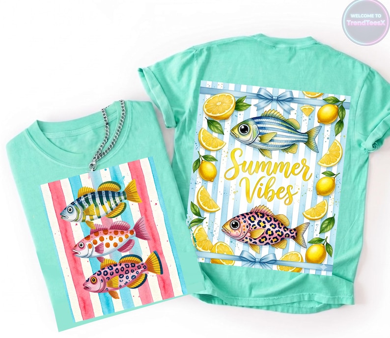 Summer Fish Clipart Watercolor Coastal Graphics Summer Vibes PNG Lemon Tropical Fish Seamless Pattern Sublimation Design Digital Download image 1