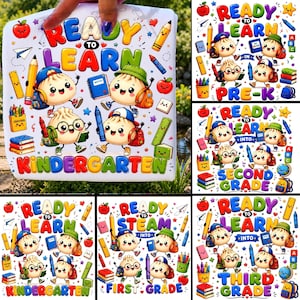 May include: A white fabric square featuring a colourful cartoon print with the text READY TO LEARN KINDERGARTEN. The design includes four smiling dumpling characters with backpacks, pencils, crayons, rulers, books, and apples scattered around.