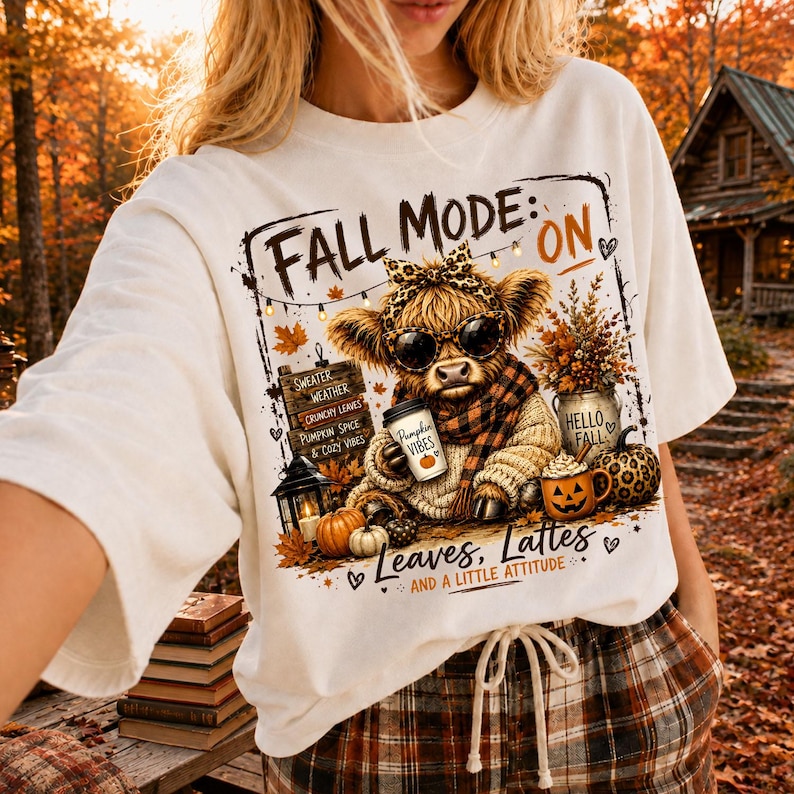 May include: A white t-shirt featuring a graphic of a Highland cow wearing sunglasses and a leopard print bow. The design includes text reading FALL MODE: ON, PUMPKIN VIBES, HELLO FALL, and Leaves, Lattes AND A LITTLE ATTITUDE, with autumn motifs.