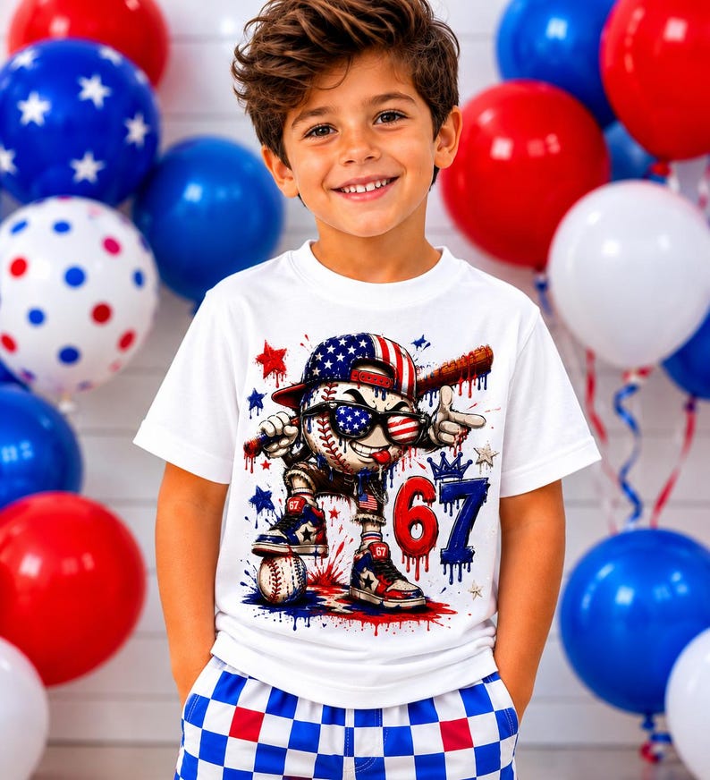 May include: A white short-sleeve t-shirt featuring a graphic of a baseball character wearing a flag-patterned cap and sunglasses, holding a bat. The design includes the number 67 in red and blue, with red and blue paint splatter accents.