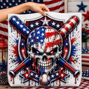 Patriotic Baseball Skull PNG, American Flag Baseball PNG, 4th of July Baseball Sublimation, USA Sports Shirt Design