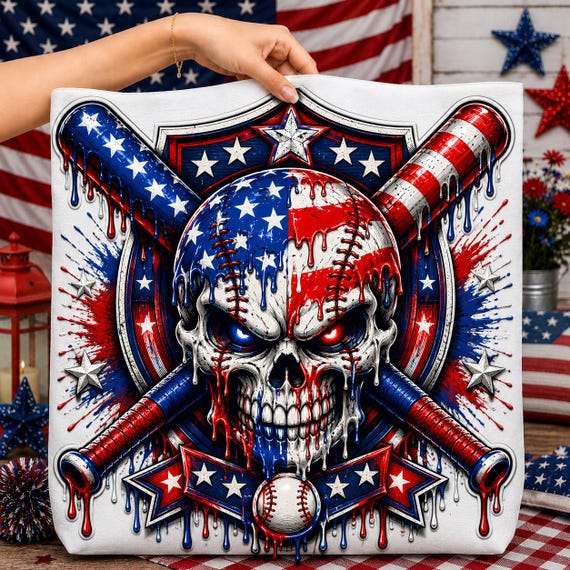 Patriotic Baseball Skull PNG, American Flag Baseball PNG, 4th of July Baseball Sublimation, USA Sports Shirt Design