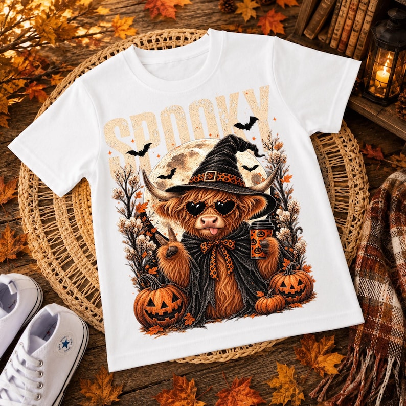 May include: A white t-shirt featuring a graphic of a brown highland cow wearing a black witch hat, heart-shaped sunglasses, and a cape. The cow holds a pumpkin-patterned cup, surrounded by pumpkins, autumn trees, a moon, and the word SPOOKY.