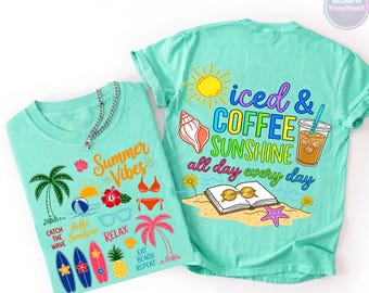 Summer PNG  Bundle Iced Coffee Clipart Beach Vibes PNG Tropical Surfboard Vacation Shirt Design Sublimation Files