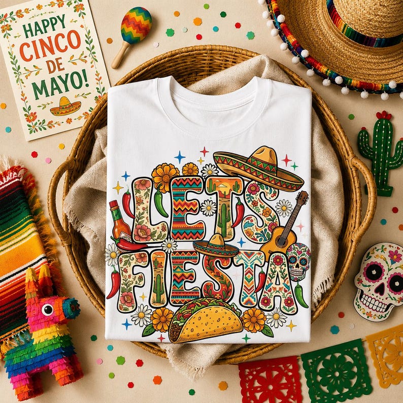 May include: White t-shirt with the words "LET'S FIESTA" in colorful, floral lettering. The design includes a sombrero, guitar, taco, and other festive elements. A Cinco de Mayo card and other decorations surround the shirt.
