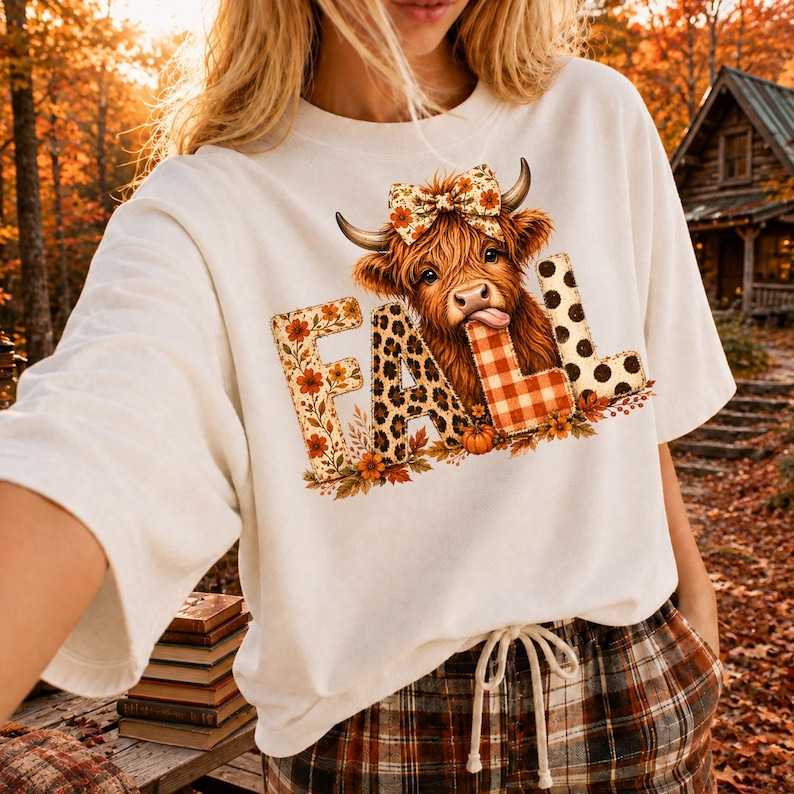 May include: A white t-shirt featuring a graphic of a Highland cow with a floral bow on its head. The cow is positioned behind the word FALL, where each letter has a different pattern: floral, leopard print, orange plaid, and black polka dots.