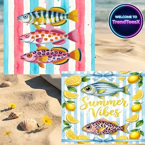 May include: A watercolour illustration featuring three vibrantly coloured fish against a striped backdrop of blue, pink, and white. The fish display yellow, pink, and blue patterns. The image also includes a beach scene with seashells, flowers, and a sign that says "Welcome to TrendTeesX".