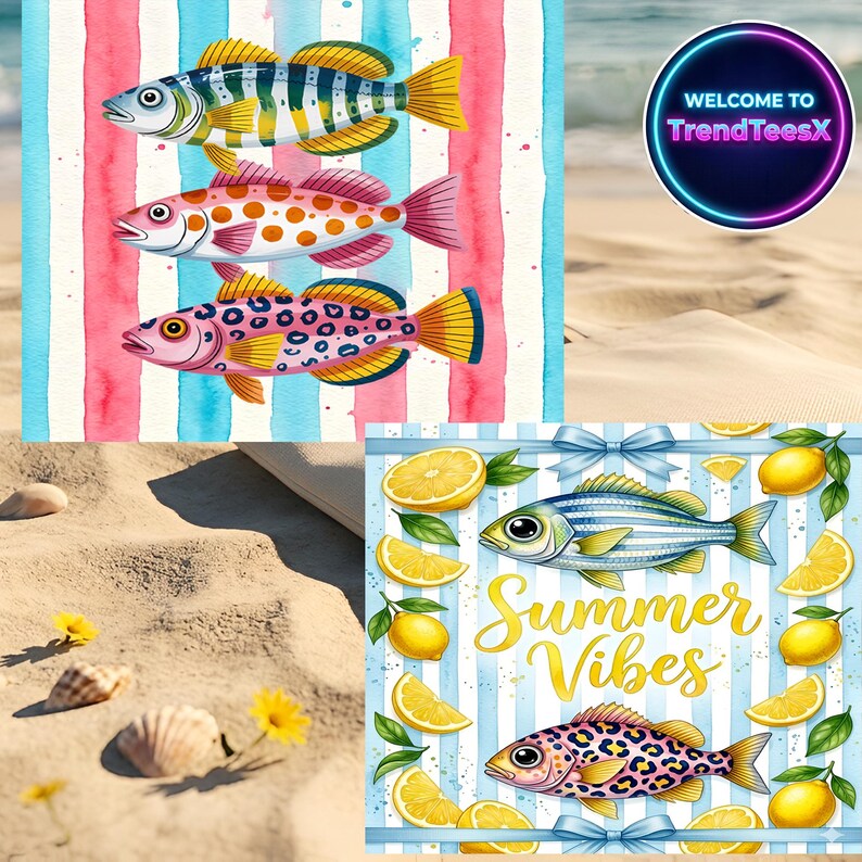 May include: A watercolour illustration featuring three vibrantly coloured fish against a striped backdrop of blue, pink, and white. The fish display yellow, pink, and blue patterns. The image also includes a beach scene with seashells, flowers, and a sign that says "Welcome to TrendTeesX".