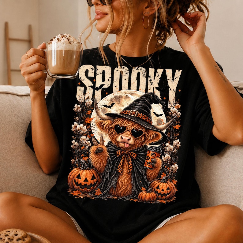 May include: A black t-shirt featuring a graphic of a fluffy highland cow wearing a witch hat and heart-shaped sunglasses. The cow holds a coffee cup and makes a peace sign. The design includes pumpkins, bats, and the text SPOOKY in large letters.