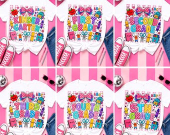 Terug naar school png-bundel, sublimatieontwerp kleuterschool tot 5e leerjaar, schattig coquette-schoolshirt png-set