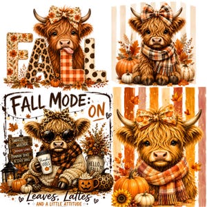 May include: A collage of four illustrations featuring fluffy Highland cattle. One shows a calf with a floral bow and the word FALL. Another depicts a calf with a plaid scarf and pumpkins. A third shows a calf with sunglasses, a coffee cup, and text FALL MODE: ON. The last shows a calf with a bow and scarf.