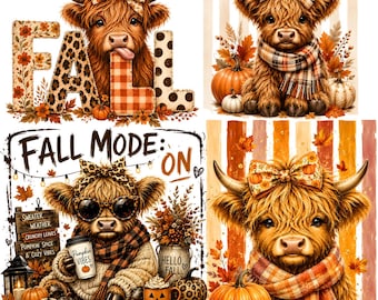 Fall Highland Cow PNG Bundle, Cozy Fall PNG, Autumn Highland Cow, Pumpkin Season Png,Thanksgiving PNG, Coquette Fall,,Digital Download