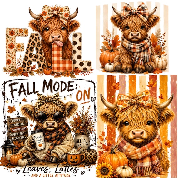 Fall Highland Cow PNG Bundle, Cozy Fall PNG, Autumn Highland Cow, Pumpkin PNG, Coquette Fall Design, Rustic Fall Sublimation